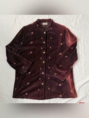 Coldwater Creek Velvet Floral Embroidered Button-Front Jacket - Deep Burgundy
